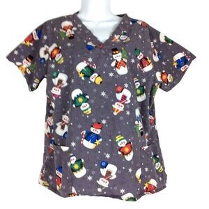 Snowman Christmas Holiday Scrub Top Medium Gray